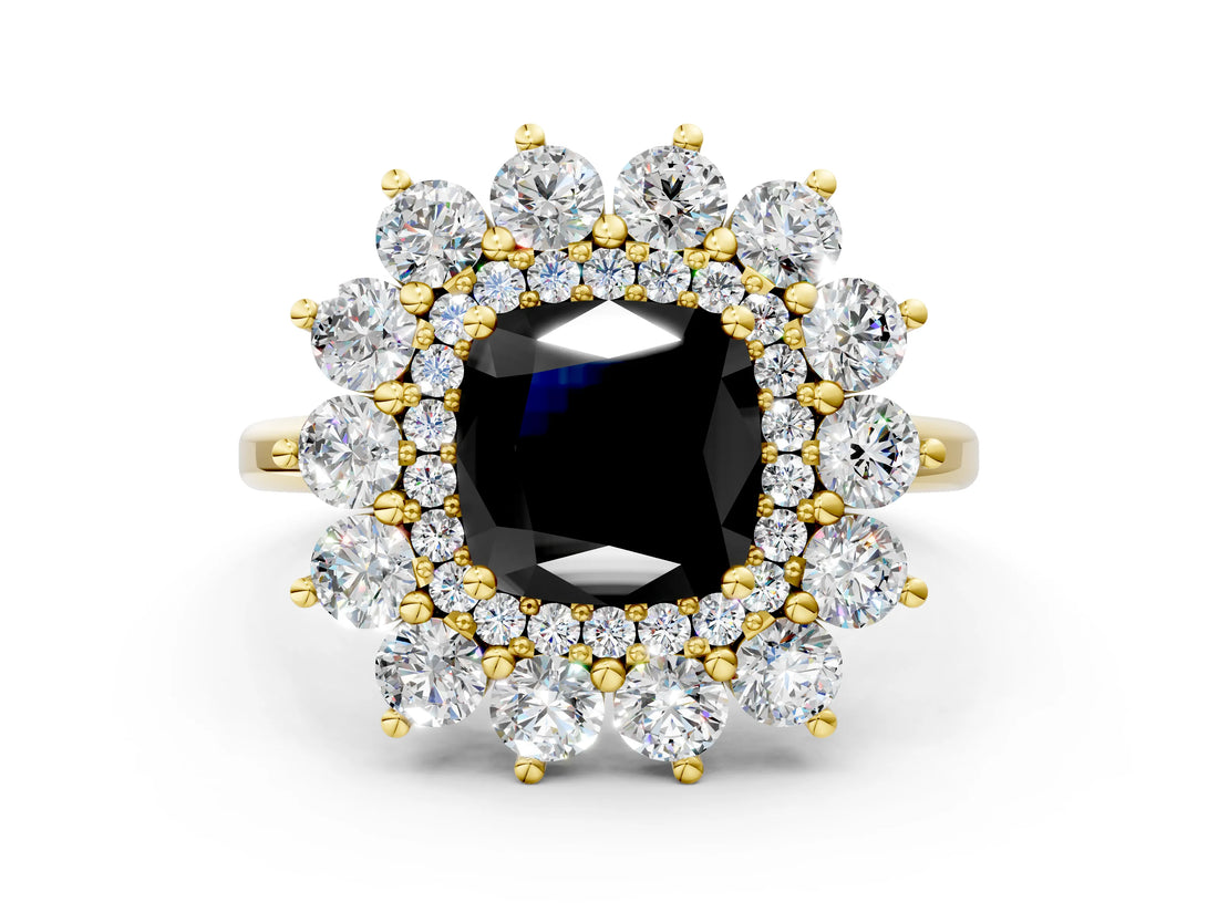 Yellow gold Fancy Black Cushion Cut Halo Cluster Diamond Ring with Pave Band and Four-Prong Setting_12