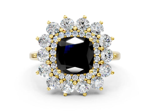 Yellow gold Fancy Black Cushion Cut Halo Cluster Diamond Ring with Pave Band and Four-Prong Setting_12