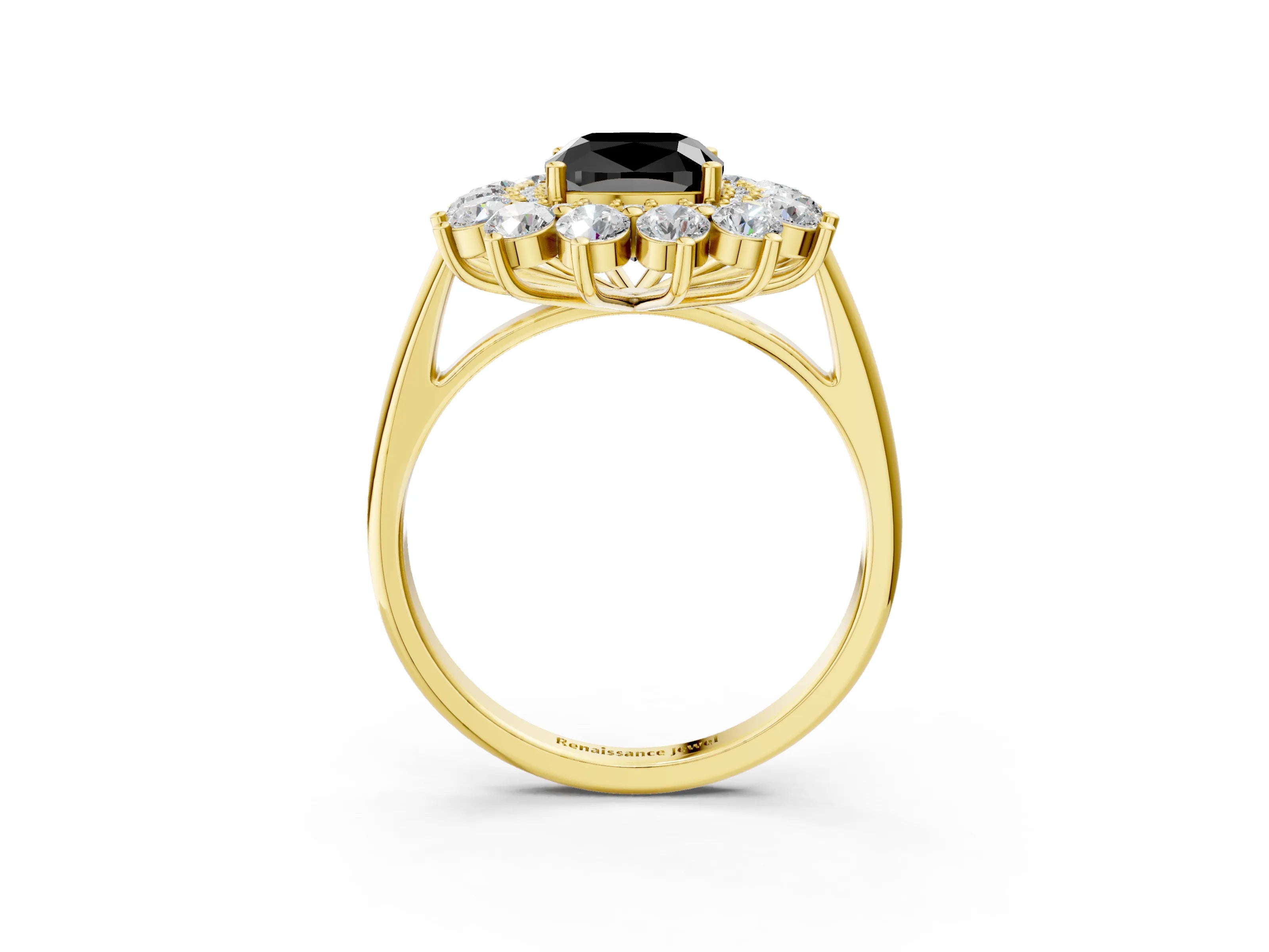 Yellow gold Fancy Black Cushion Cut Halo Cluster Diamond Ring with Pave Band and Four-Prong Setting_15
