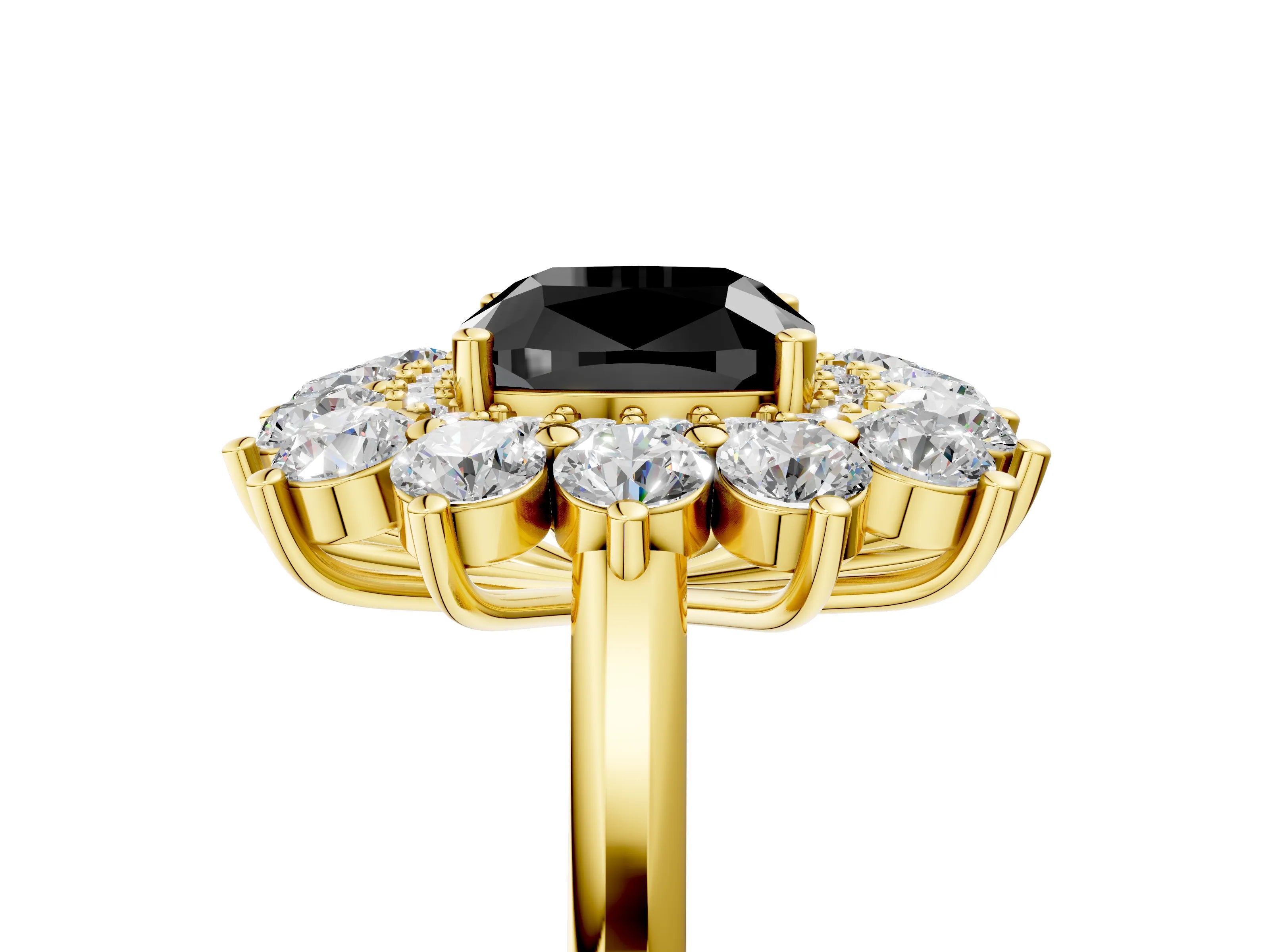 Yellow gold Fancy Black Cushion Cut Halo Cluster Diamond Ring with Pave Band and Four-Prong Setting_17