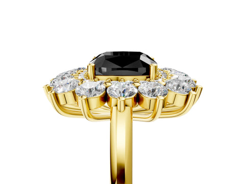 Yellow gold Fancy Black Cushion Cut Halo Cluster Diamond Ring with Pave Band and Four-Prong Setting_17