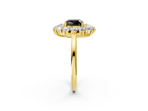 Yellow gold Fancy Black Cushion Cut Halo Cluster Diamond Ring with Pave Band and Four-Prong Setting_2