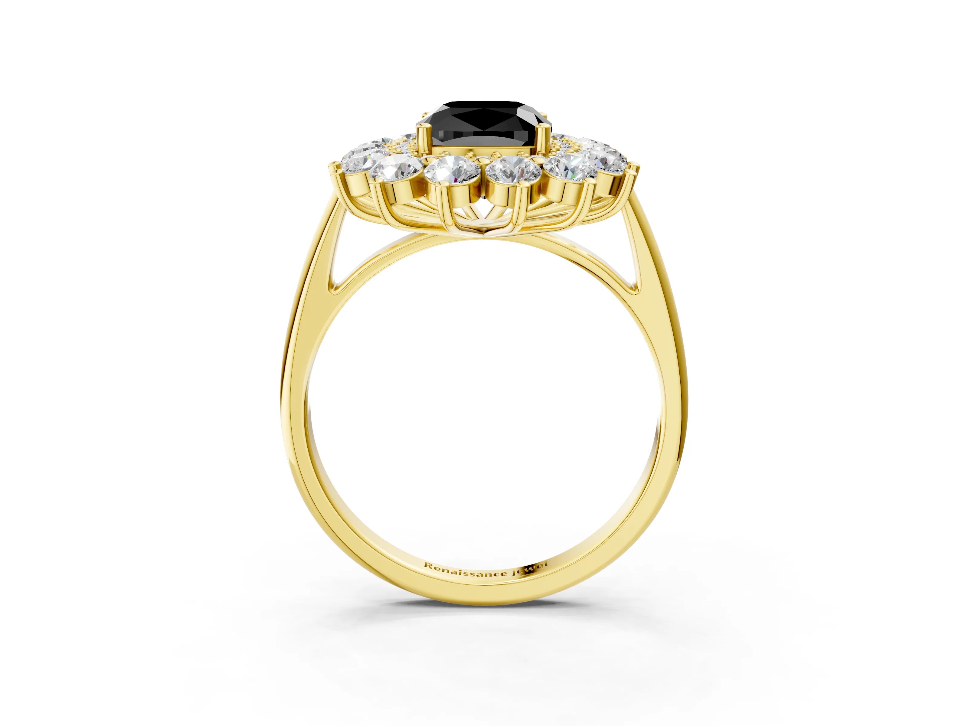 Yellow gold Fancy Black Cushion Cut Halo Cluster Diamond Ring with Pave Band and Four-Prong Setting_3