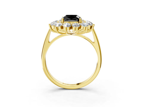 Yellow gold Fancy Black Cushion Cut Halo Cluster Diamond Ring with Pave Band and Four-Prong Setting_3