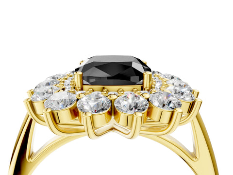 Yellow gold Fancy Black Cushion Cut Halo Cluster Diamond Ring with Pave Band and Four-Prong Setting_4
