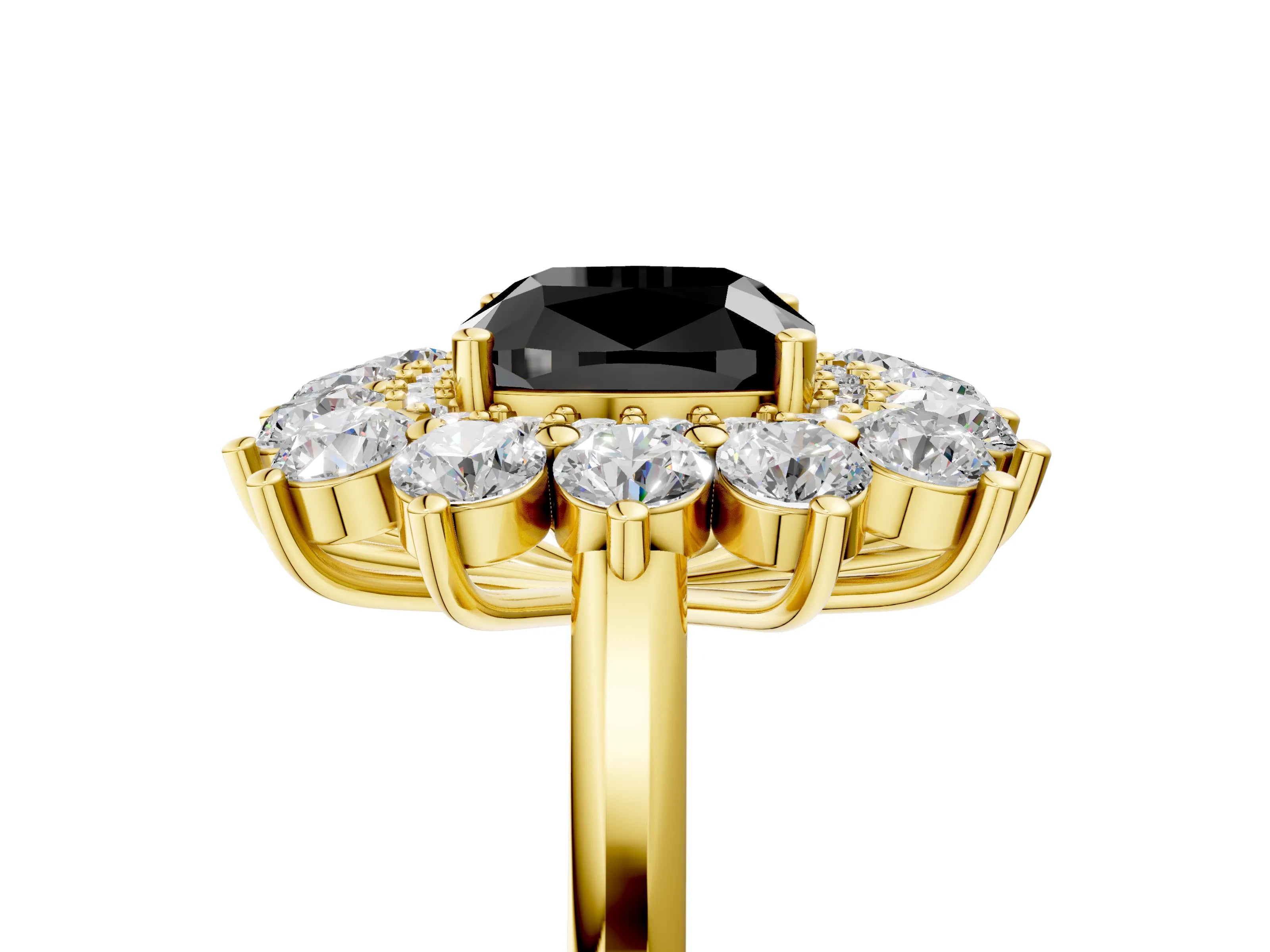 Yellow gold Fancy Black Cushion Cut Halo Cluster Diamond Ring with Pave Band and Four-Prong Setting_5