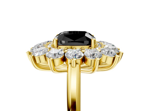 Yellow gold Fancy Black Cushion Cut Halo Cluster Diamond Ring with Pave Band and Four-Prong Setting_5