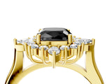 Yellow gold Fancy Black Cushion Cut Halo Diamond Cluster Ring with Marquise and Round Stones on a White Gold Band with Prong Setting_4
