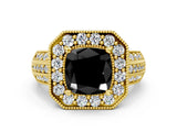 Yellow gold Fancy Black Cushion Cut Halo Diamond Engagement Ring with Pave Split Shank and Four-Prong Setting