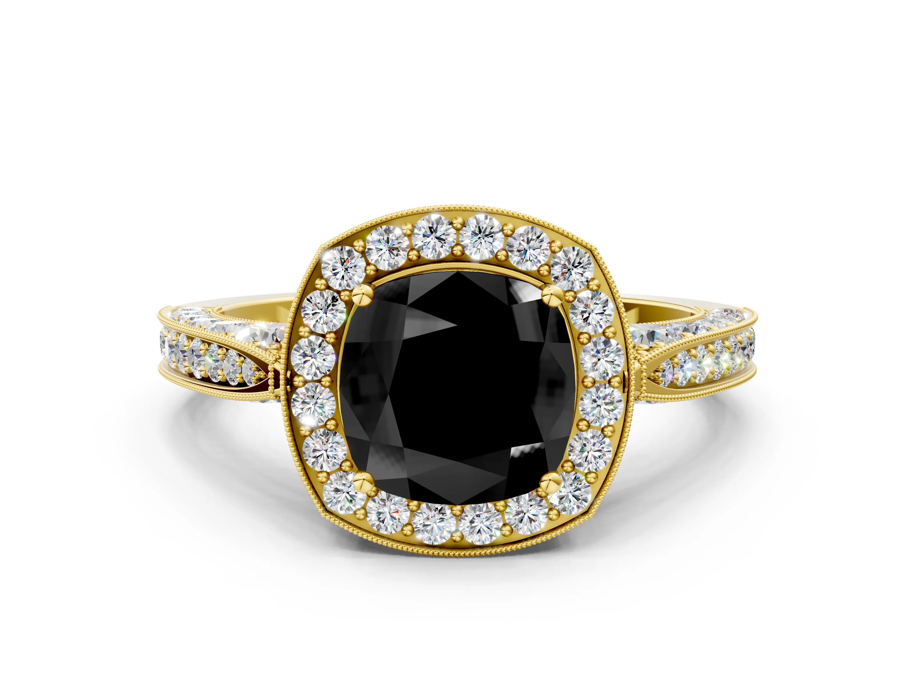 Yellow gold Fancy Black Cushion Cut Halo Diamond Engagement Ring with Split Shank Band and Four-Prong Setting