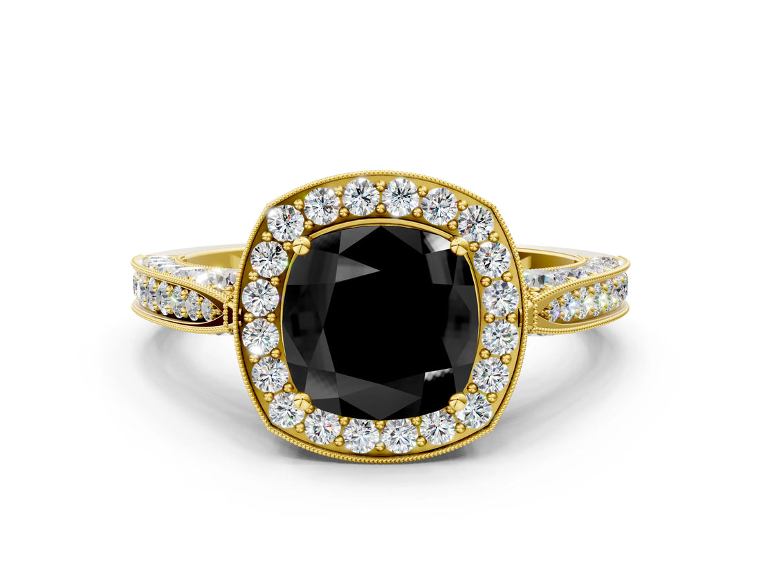 Yellow gold Fancy Black Cushion Cut Halo Diamond Engagement Ring with Split Shank Band and Four-Prong Setting