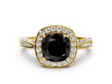 Yellow gold Fancy Black Cushion Cut Halo Diamond Engagement Ring with Split Shank Band and Four-Prong Setting