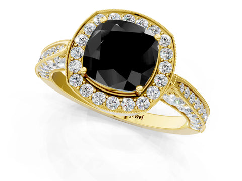 Yellow gold Fancy Black Cushion Cut Halo Diamond Engagement Ring with Split Shank Band and Four-Prong Setting_1