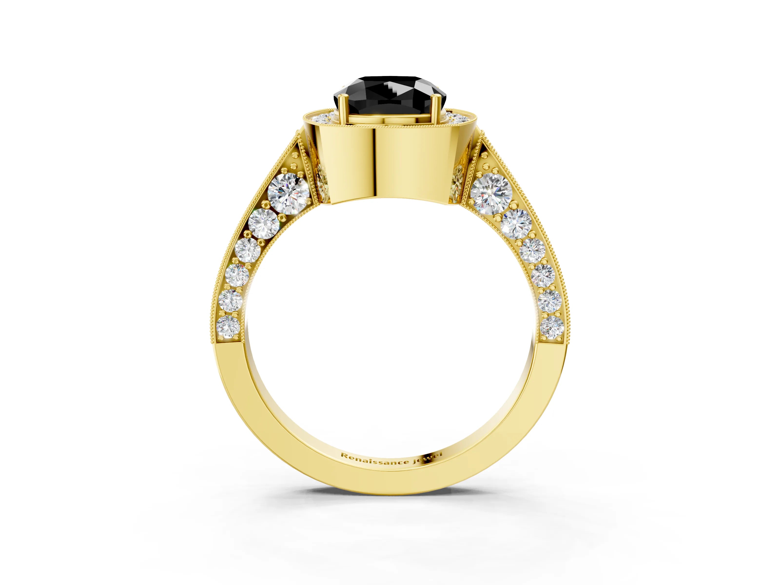 Yellow gold Fancy Black Cushion Cut Halo Diamond Engagement Ring with Split Shank Band and Four-Prong Setting_3