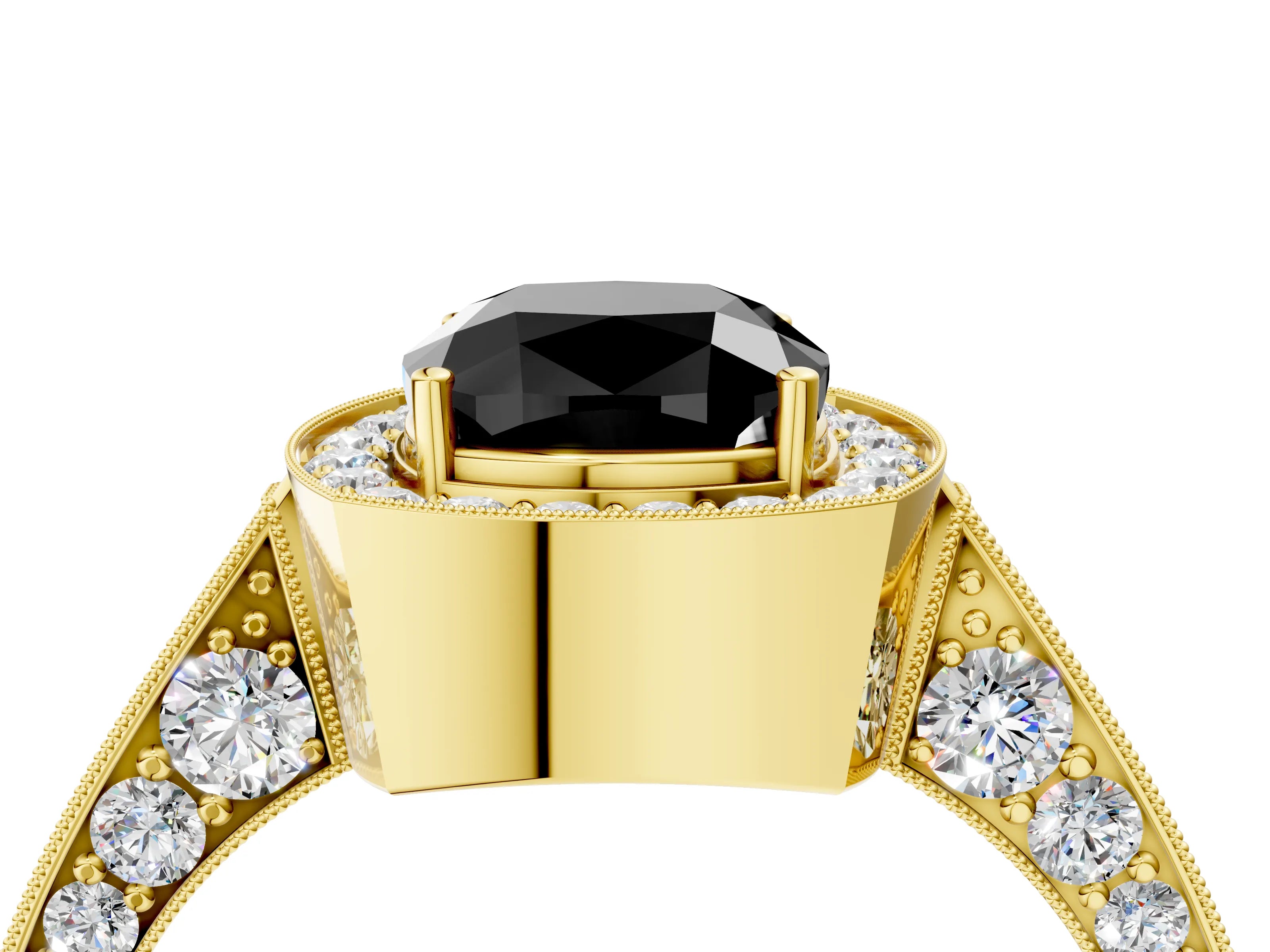 Yellow gold Fancy Black Cushion Cut Halo Diamond Engagement Ring with Split Shank Band and Four-Prong Setting_4