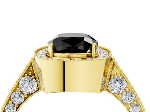 Yellow gold Fancy Black Cushion Cut Halo Diamond Engagement Ring with Split Shank Band and Four-Prong Setting_4