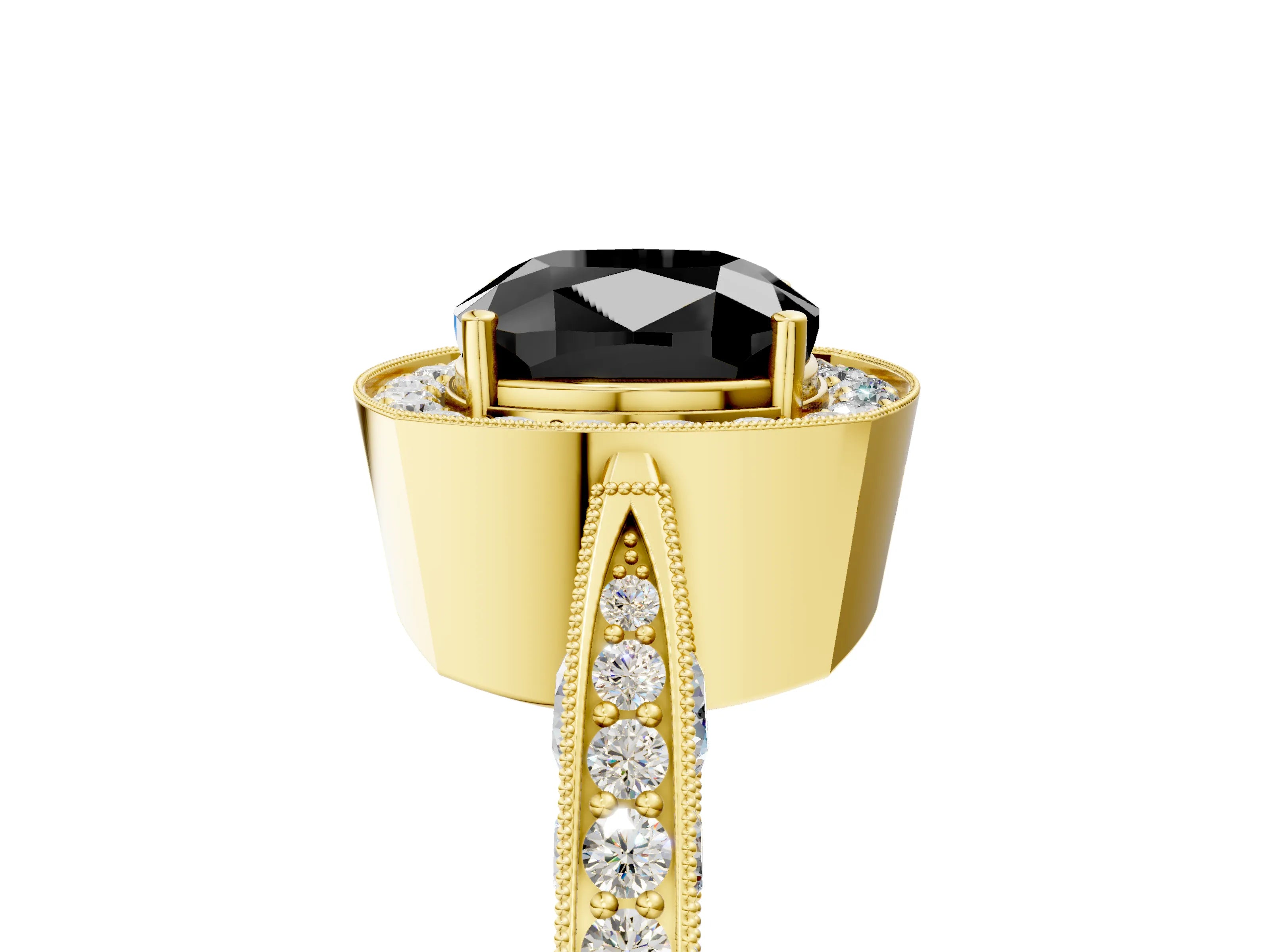 Yellow gold Fancy Black Cushion Cut Halo Diamond Engagement Ring with Split Shank Band and Four-Prong Setting_5