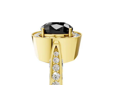 Yellow gold Fancy Black Cushion Cut Halo Diamond Engagement Ring with Split Shank Band and Four-Prong Setting_5