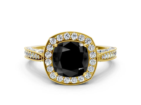 Yellow gold Fancy Black Cushion Cut Halo Diamond Engagement Ring with Split Shank Band and Four-Prong Setting