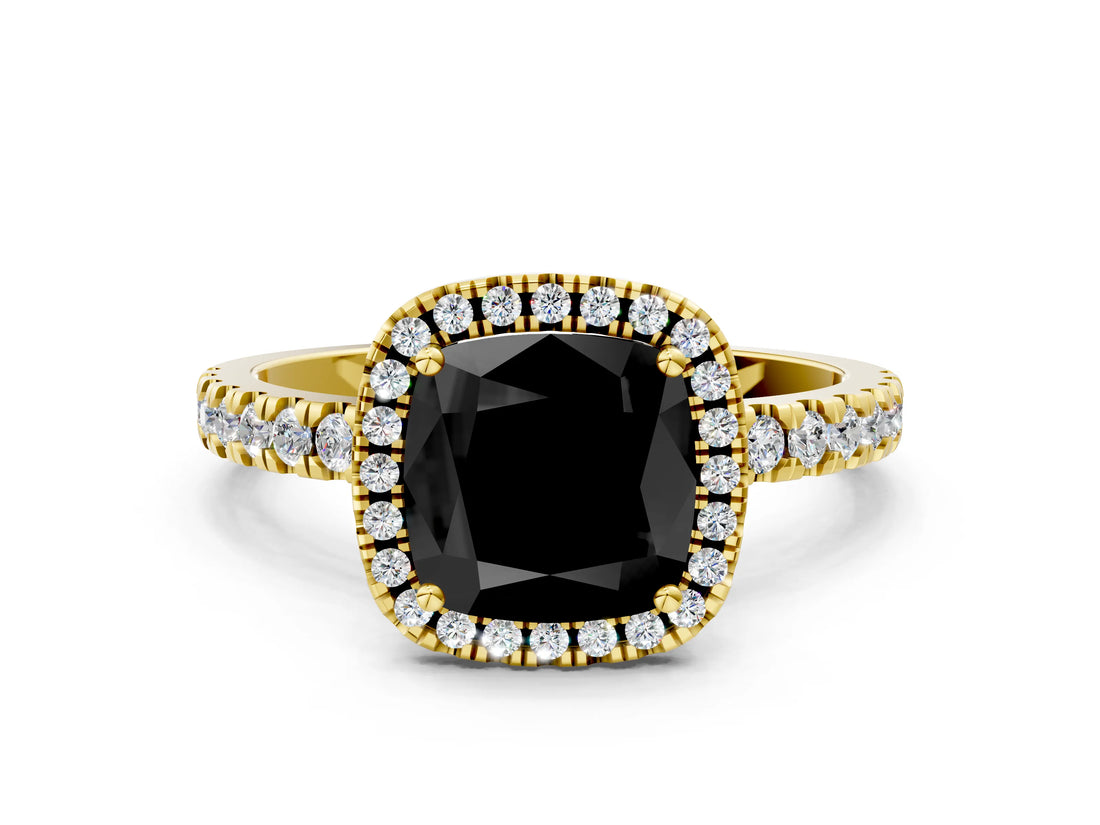 Yellow gold Fancy Black Cushion Cut Halo Diamond Pave Band with Prong Setting