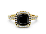 Yellow gold Fancy Black Cushion Cut Halo Diamond Pave Band with Prong Setting