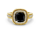 Yellow gold Fancy Black Cushion Cut Halo Diamond Ring with Beaded Split Shank and Four-Prong Setting