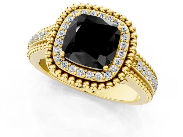 Yellow Gold Cushion Cut Beaded Halo Engagement Ring Setting for Black Center with Pave