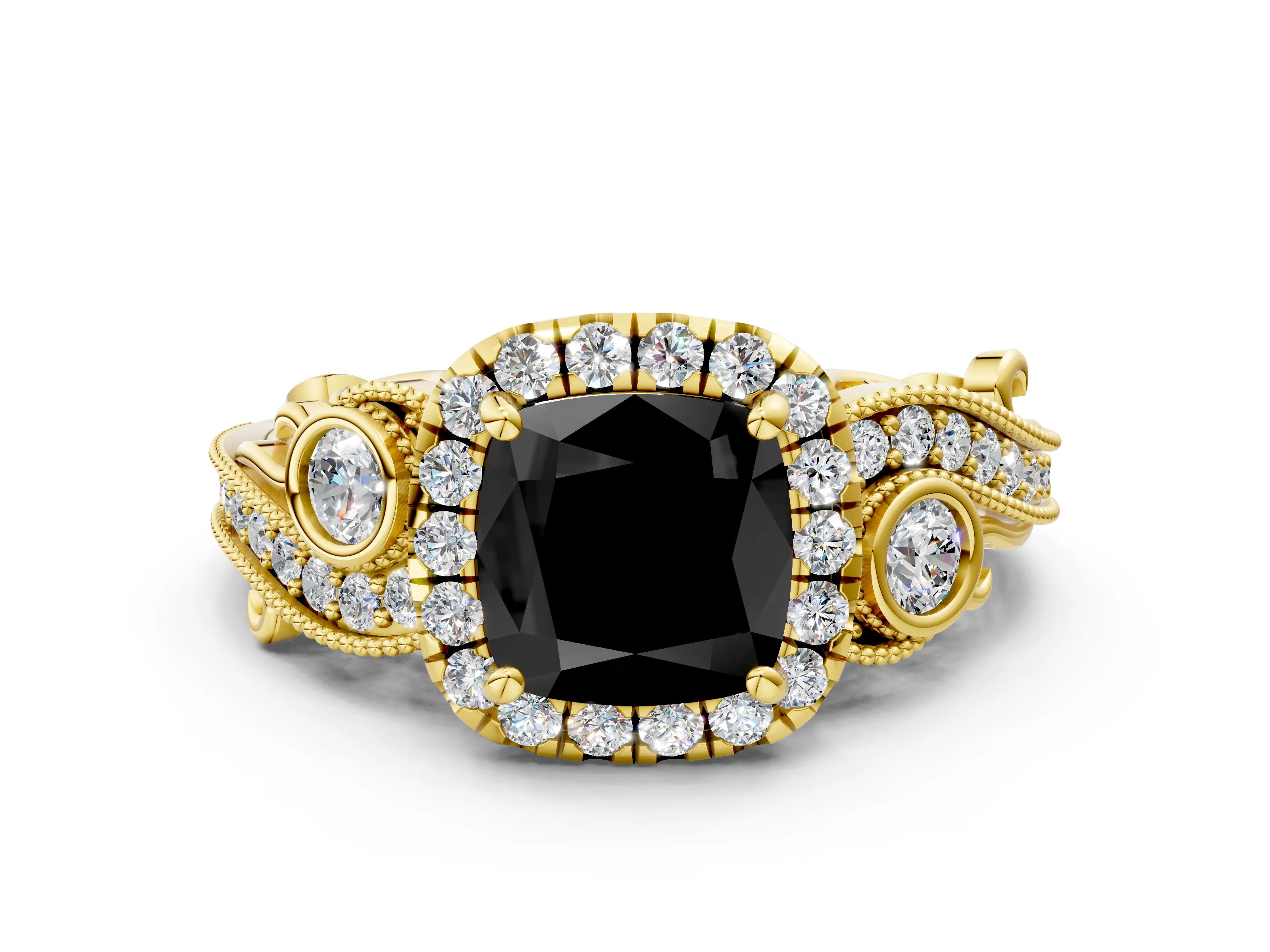 Yellow gold Fancy Black Cushion Cut Halo Diamond Ring with Milgrain and Bezel Accents on a Split Shank Band