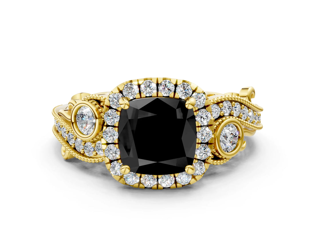 Yellow gold Fancy Black Cushion Cut Halo Diamond Ring with Milgrain and Bezel Accents on a Split Shank Band_12