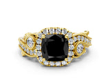 Yellow gold Fancy Black Cushion Cut Halo Diamond Ring with Milgrain and Bezel Accents on a Split Shank Band_12