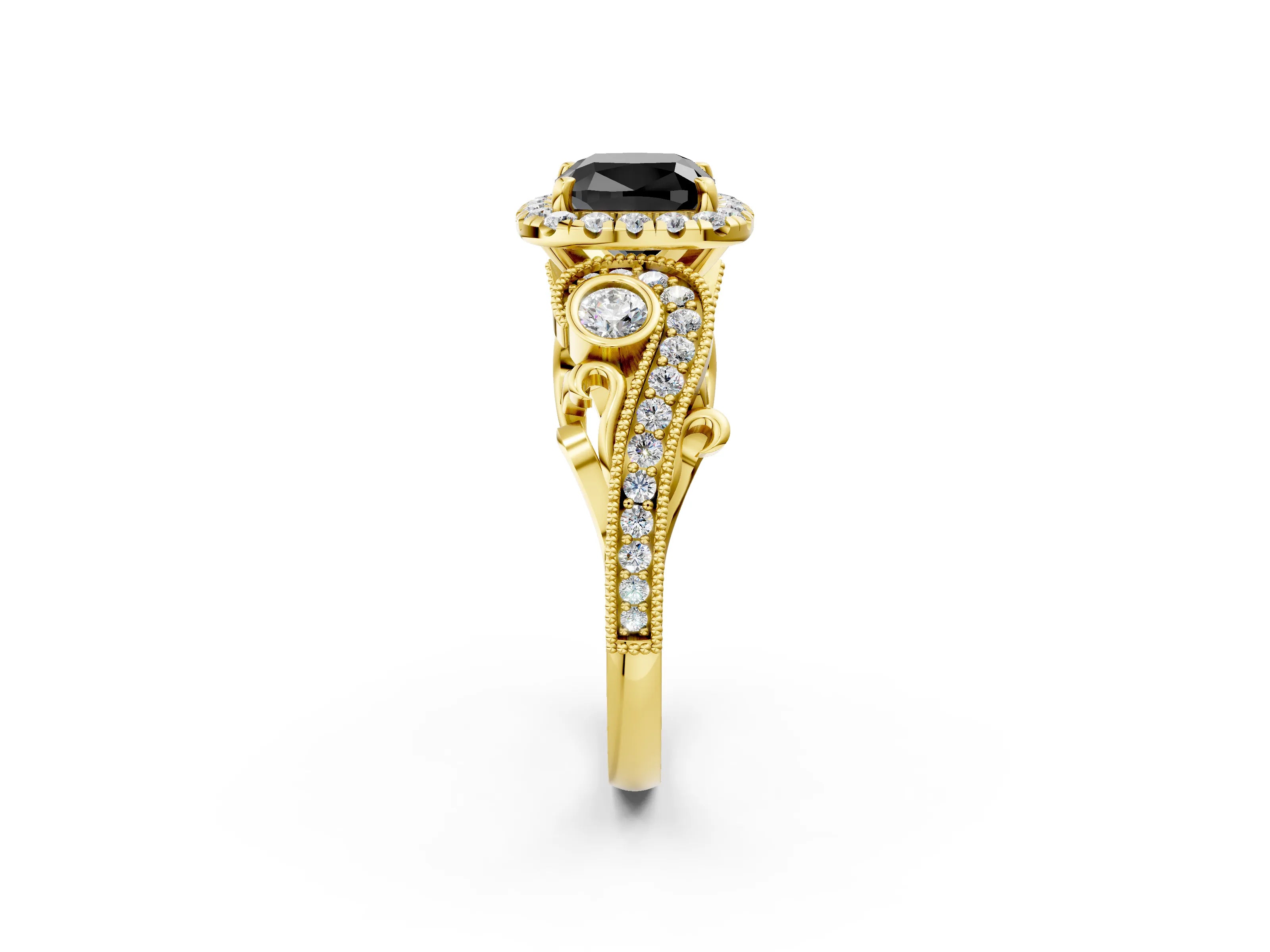 Yellow gold Fancy Black Cushion Cut Halo Diamond Ring with Milgrain and Bezel Accents on a Split Shank Band_2