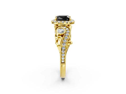 Yellow gold Fancy Black Cushion Cut Halo Diamond Ring with Milgrain and Bezel Accents on a Split Shank Band_2