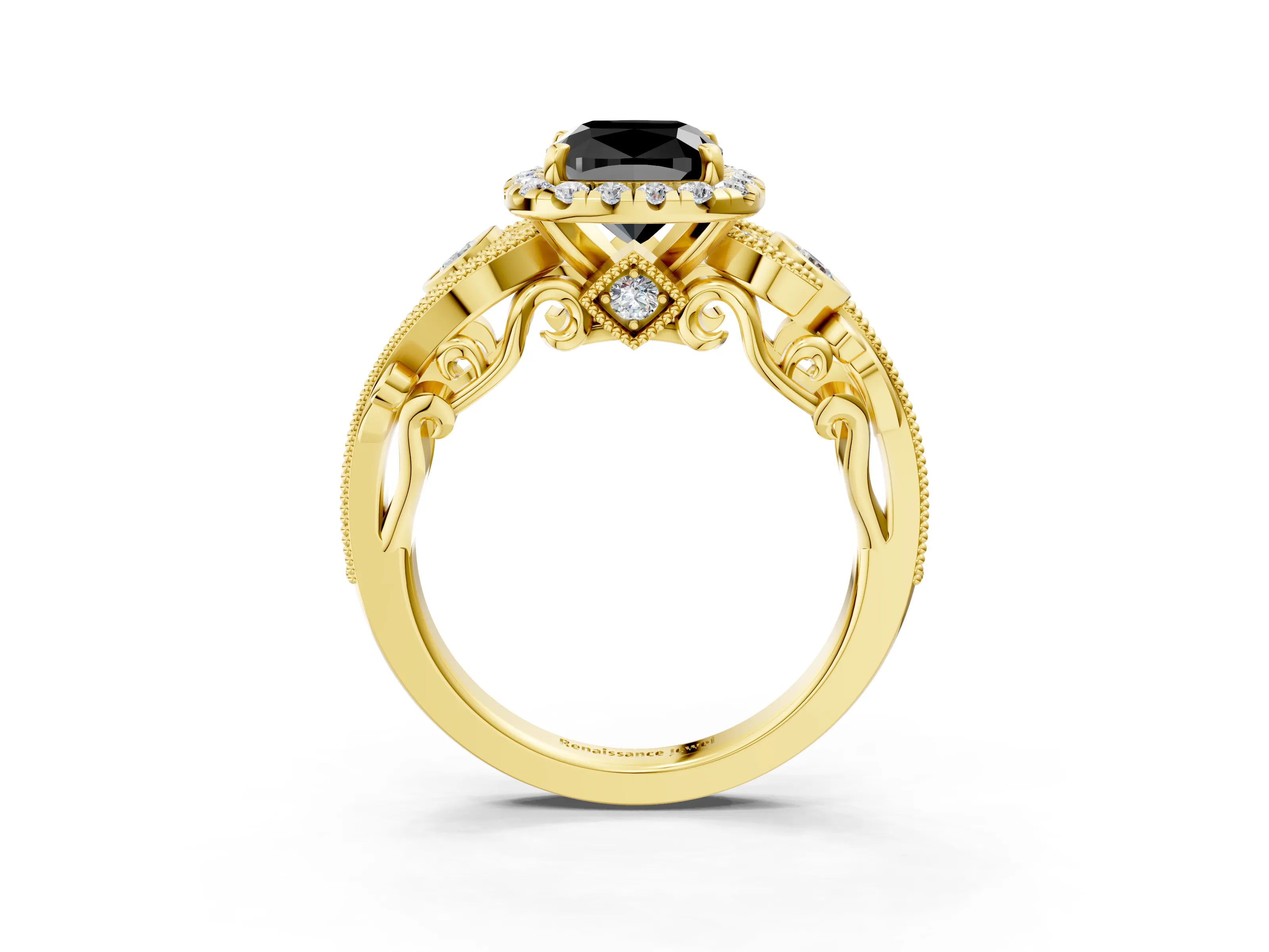 Yellow gold Fancy Black Cushion Cut Halo Diamond Ring with Milgrain and Bezel Accents on a Split Shank Band_3