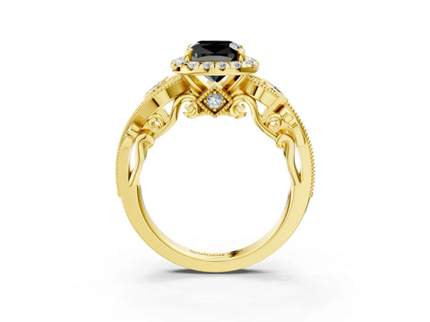Yellow gold Fancy Black Cushion Cut Halo Diamond Ring with Milgrain and Bezel Accents on a Split Shank Band_3
