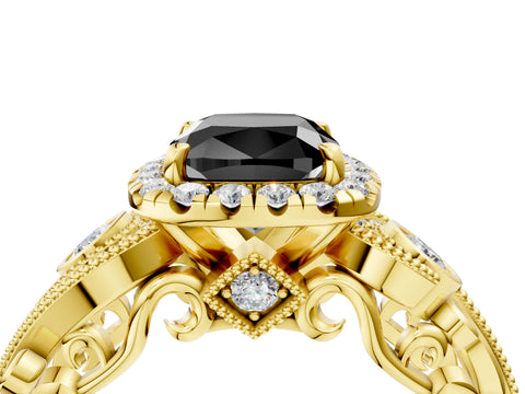 Yellow gold Fancy Black Cushion Cut Halo Diamond Ring with Milgrain and Bezel Accents on a Split Shank Band_4