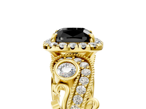 Yellow gold Fancy Black Cushion Cut Halo Diamond Ring with Milgrain and Bezel Accents on a Split Shank Band_5
