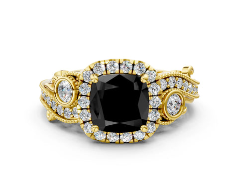 Yellow gold Fancy Black Cushion Cut Halo Diamond Ring with Milgrain and Bezel Accents on a Split Shank Band
