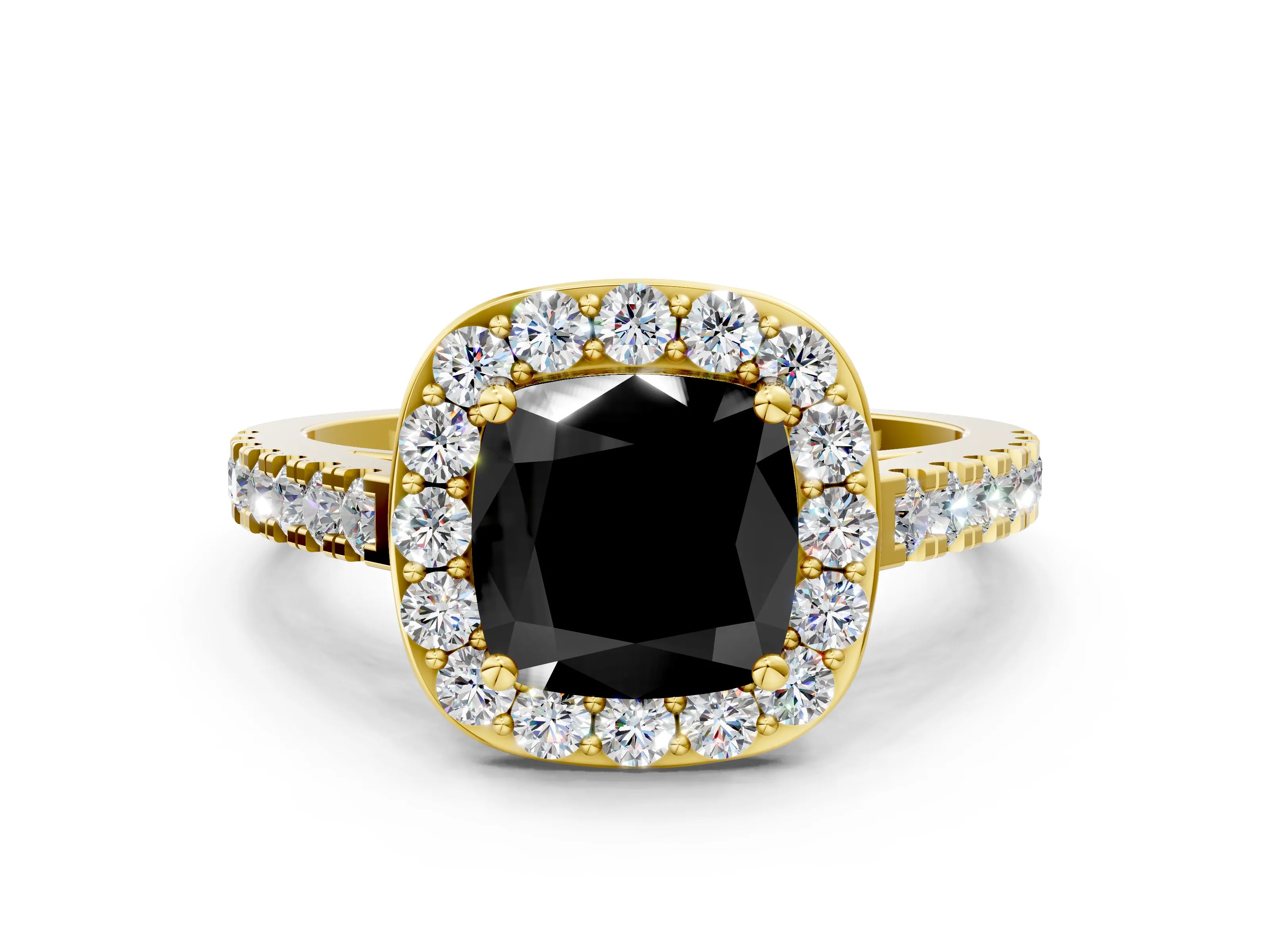 Yellow gold Fancy Black Cushion Cut Halo Diamond Ring with Pavé Band and Three-Prong Setting