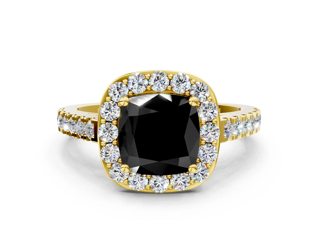 Yellow gold Fancy Black Cushion Cut Halo Diamond Ring with Pavé Band and Three-Prong Setting