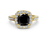 Yellow gold Fancy Black Cushion Cut Halo Diamond Ring with Pavé Band and Three-Prong Setting