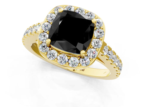 Yellow gold Fancy Black Cushion Cut Halo Diamond Ring with Pavé Band and Three-Prong Setting_1