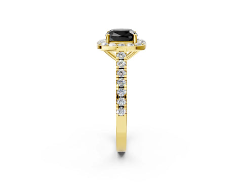 Yellow gold Fancy Black Cushion Cut Halo Diamond Ring with Pavé Band and Three-Prong Setting_2