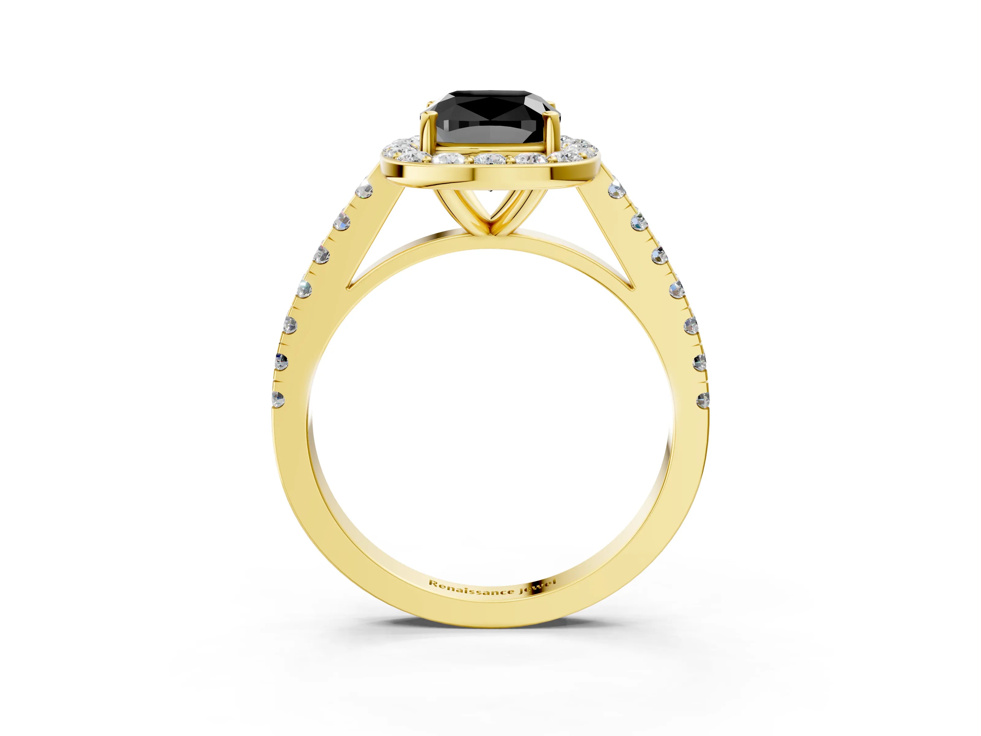 Yellow gold Fancy Black Cushion Cut Halo Diamond Ring with Pavé Band and Three-Prong Setting_3