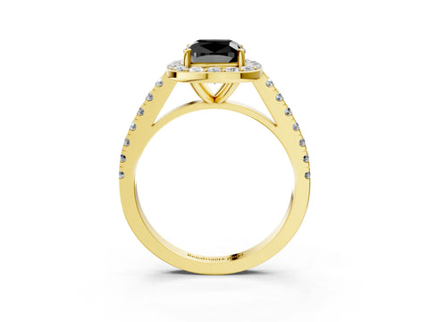Yellow gold Fancy Black Cushion Cut Halo Diamond Ring with Pavé Band and Three-Prong Setting_3