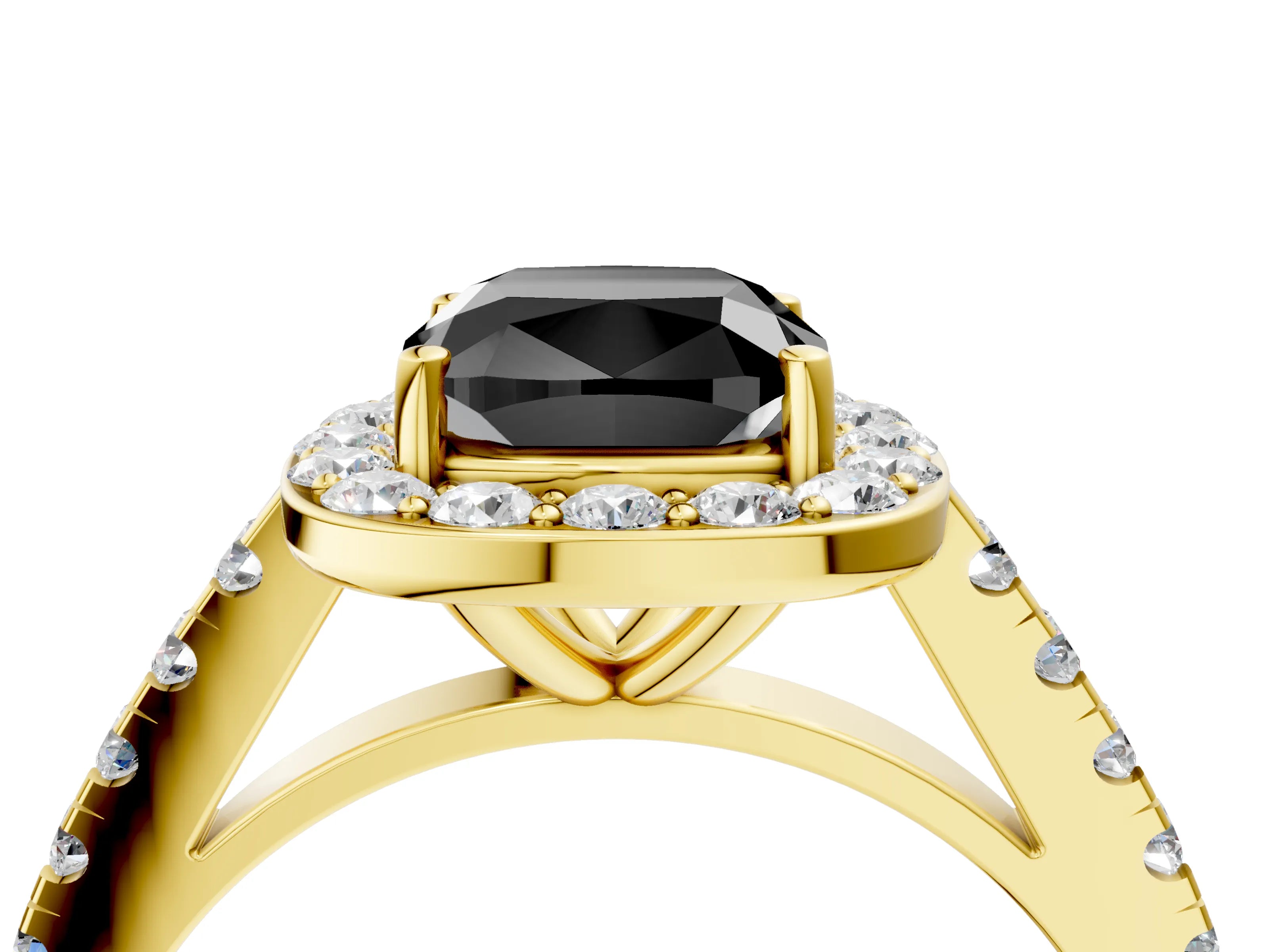 Yellow gold Fancy Black Cushion Cut Halo Diamond Ring with Pavé Band and Three-Prong Setting_4