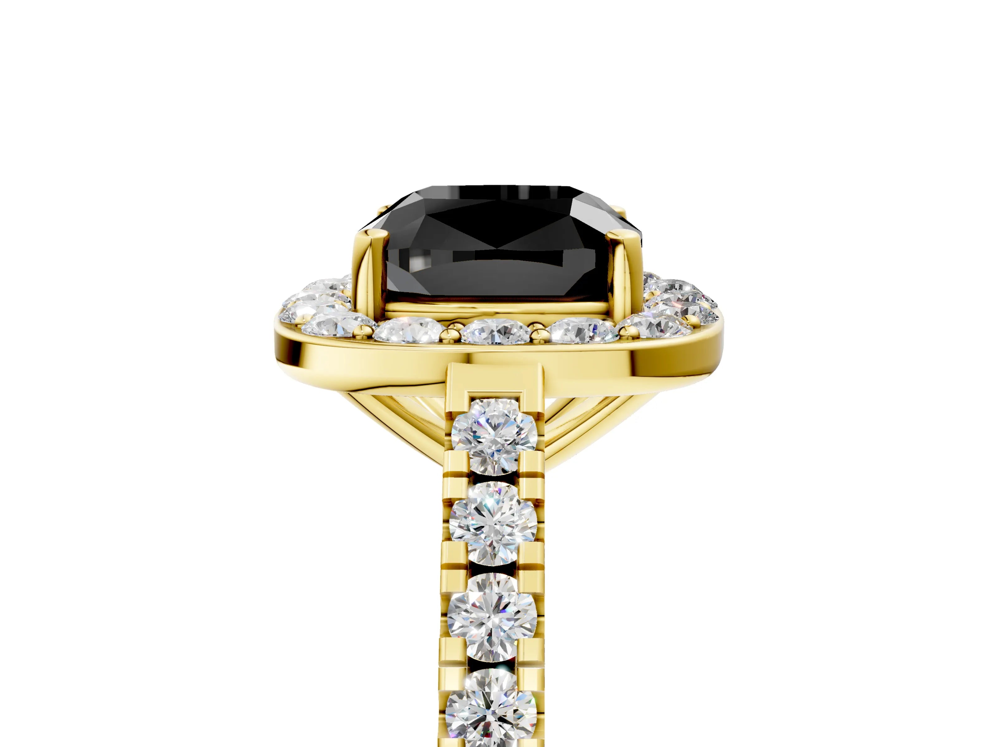 Yellow gold Fancy Black Cushion Cut Halo Diamond Ring with Pavé Band and Three-Prong Setting_5