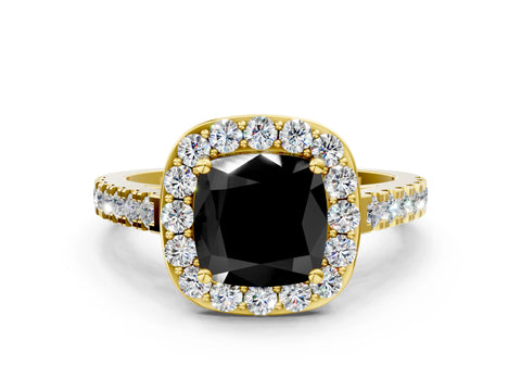 Yellow gold Fancy Black Cushion Cut Halo Diamond Ring with Pavé Band and Three-Prong Setting