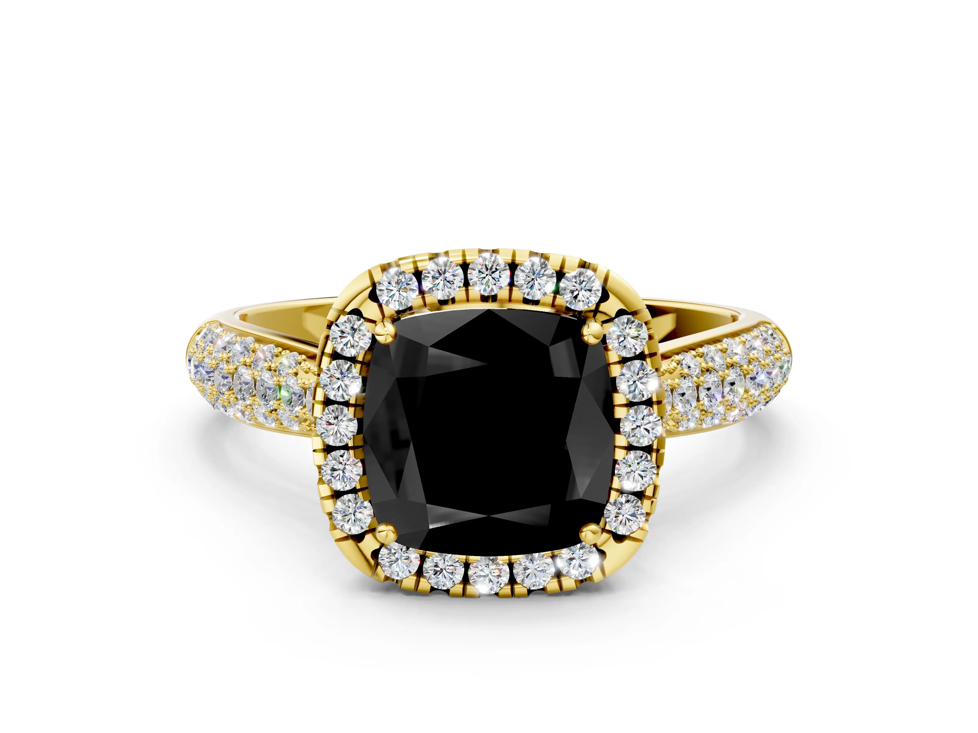 Yellow gold Fancy Black Cushion Cut Halo Diamond Ring with Pavé Band