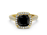 Yellow gold Fancy Black Cushion Cut Halo Diamond Ring with Pavé Band