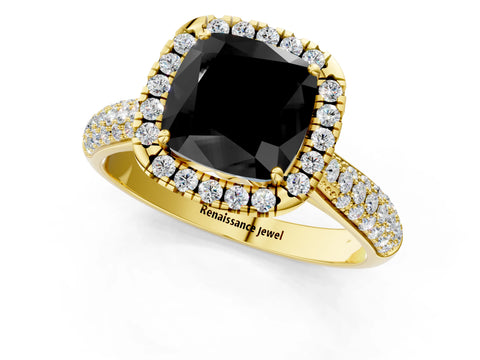 Yellow gold Fancy Black Cushion Cut Halo Diamond Ring with Pavé Band_1